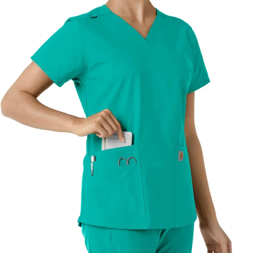 Blusa médica de cuello en V con paneles de punto Force Essentials para mujer