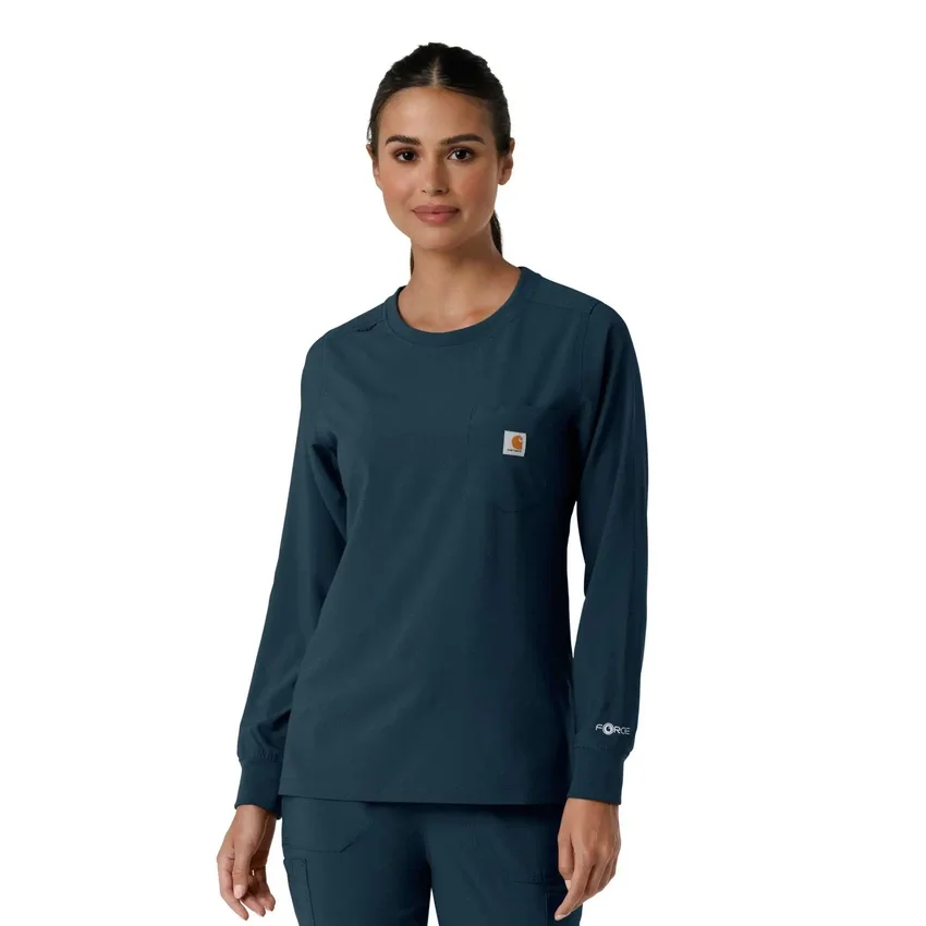 Blusa médica de manguitos largos con cuello redondo Force Cross-Flex para mujer