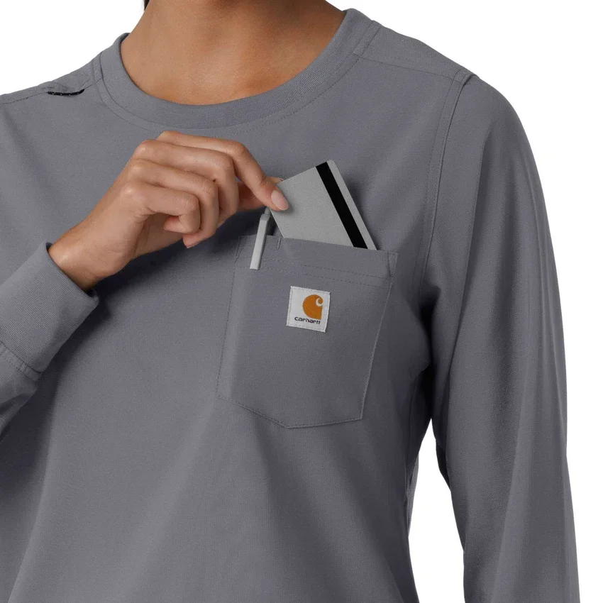 Blusa médica de manguitos largos con cuello redondo Force Cross-Flex para mujer
