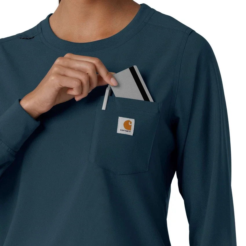 Blusa médica de manguitos largos con cuello redondo Force Cross-Flex para mujer