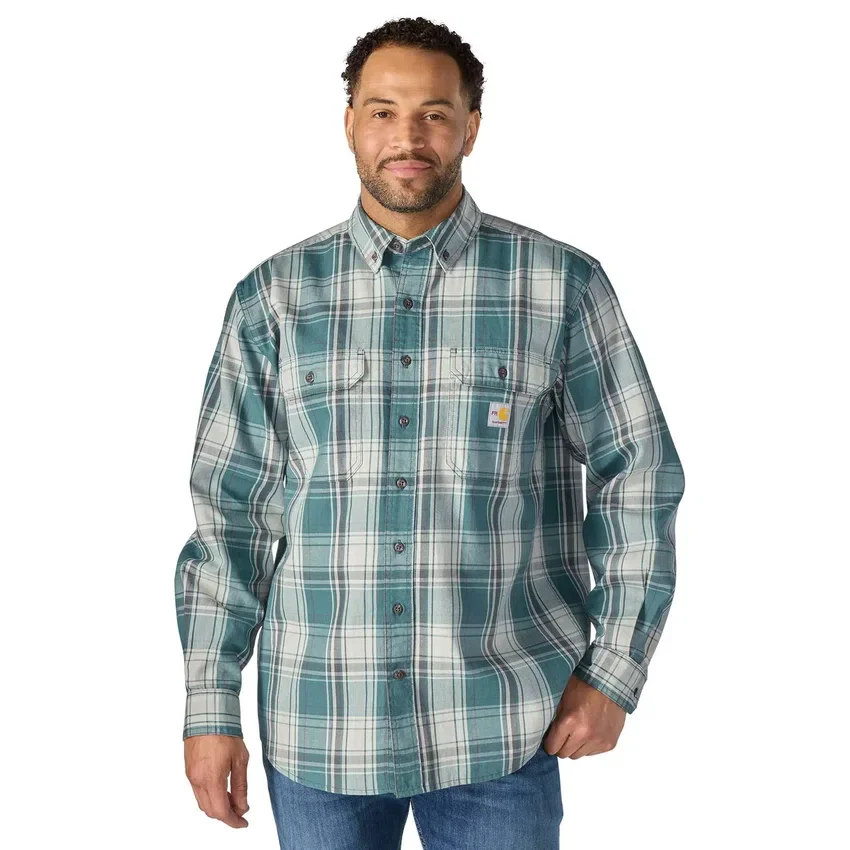 Camisa de hombre de sarga a cuadros, corte holgado y manguitos largos - Camisas ignífugas