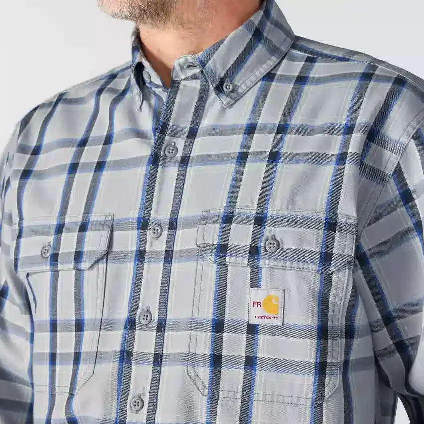 Camisa de hombre de sarga a cuadros, corte holgado y manguitos largos - Camisas ignífugas