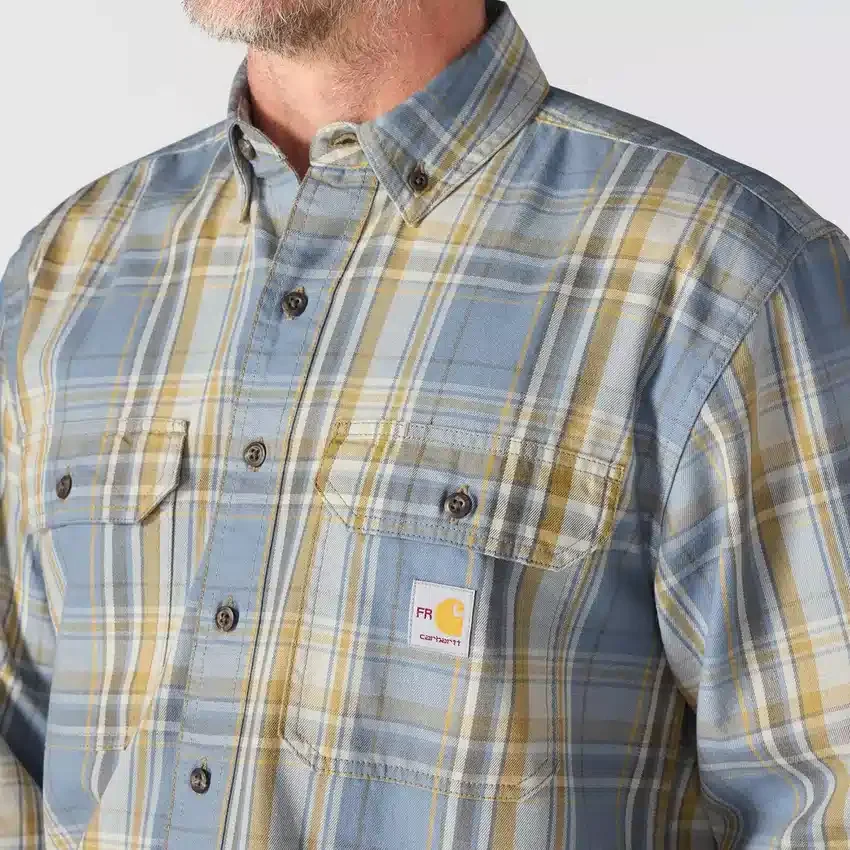 Camisa de hombre de sarga a cuadros, corte holgado y manguitos largos - Camisas ignífugas