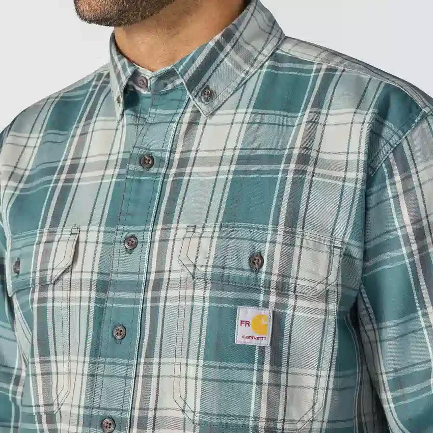 Camisa de hombre de sarga a cuadros, corte holgado y manguitos largos - Camisas ignífugas