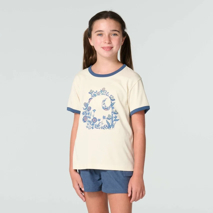 Camisas de manguitos con estampado floral «C» y cuello ribeteado para niña (niños pequeños/niños/jóvenes)