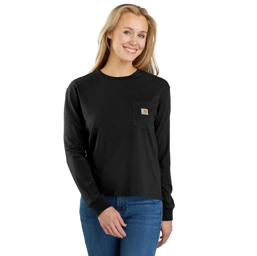 Camiseta de mujer de Tencel, corte holgado, manguitos largos, cuello redondo y bolsillo