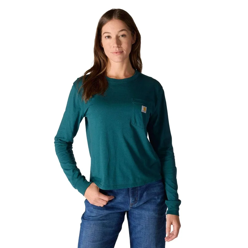Camiseta de mujer de Tencel, corte holgado, manguitos largos, cuello redondo y bolsillo