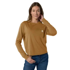 Camiseta de mujer de Tencel, corte holgado, manguitos largos, cuello redondo y bolsillo