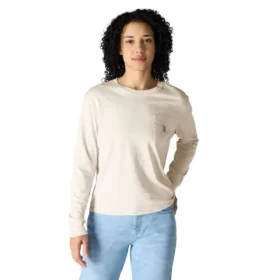 Camiseta de mujer de Tencel, corte holgado, manguitos largos, cuello redondo y bolsillo