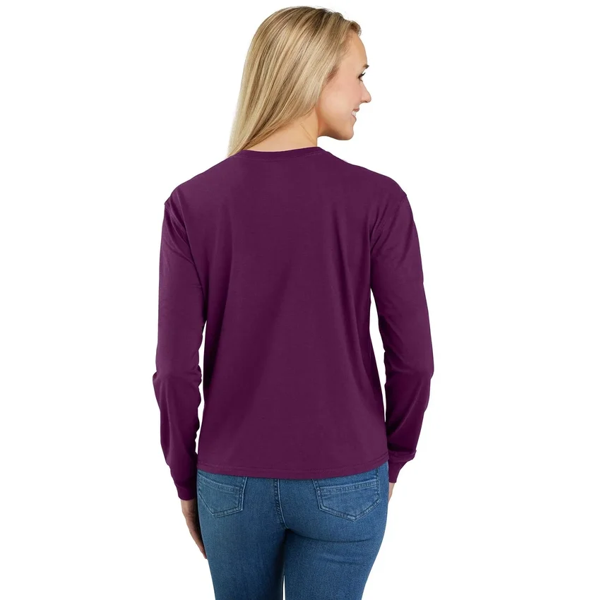 Camiseta de mujer de Tencel, corte holgado, manguitos largos, cuello redondo y bolsillo