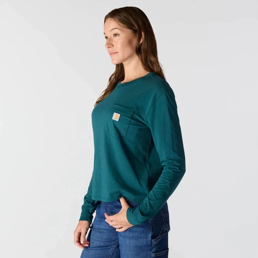 Camiseta de mujer de Tencel, corte holgado, manguitos largos, cuello redondo y bolsillo
