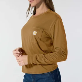 Camiseta de mujer de Tencel, corte holgado, manguitos largos, cuello redondo y bolsillo