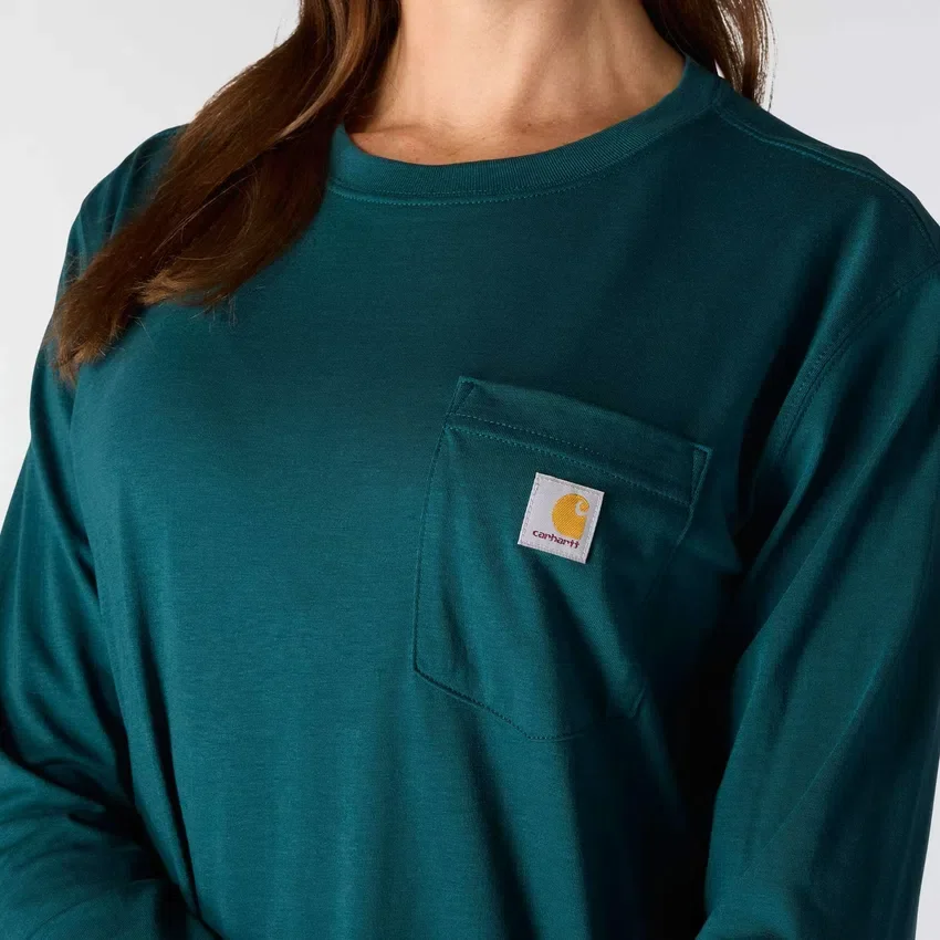 Camiseta de mujer de Tencel, corte holgado, manguitos largos, cuello redondo y bolsillo