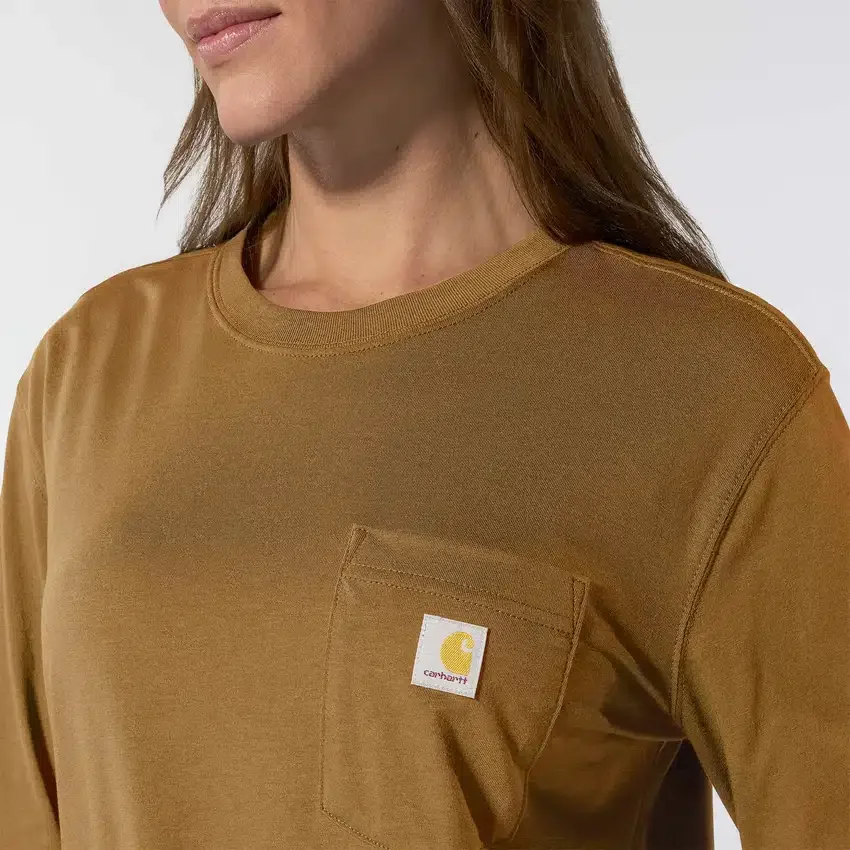 Camiseta de mujer de Tencel, corte holgado, manguitos largos, cuello redondo y bolsillo