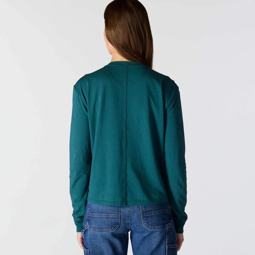 Camiseta de mujer de Tencel, corte holgado, manguitos largos, cuello redondo y bolsillo