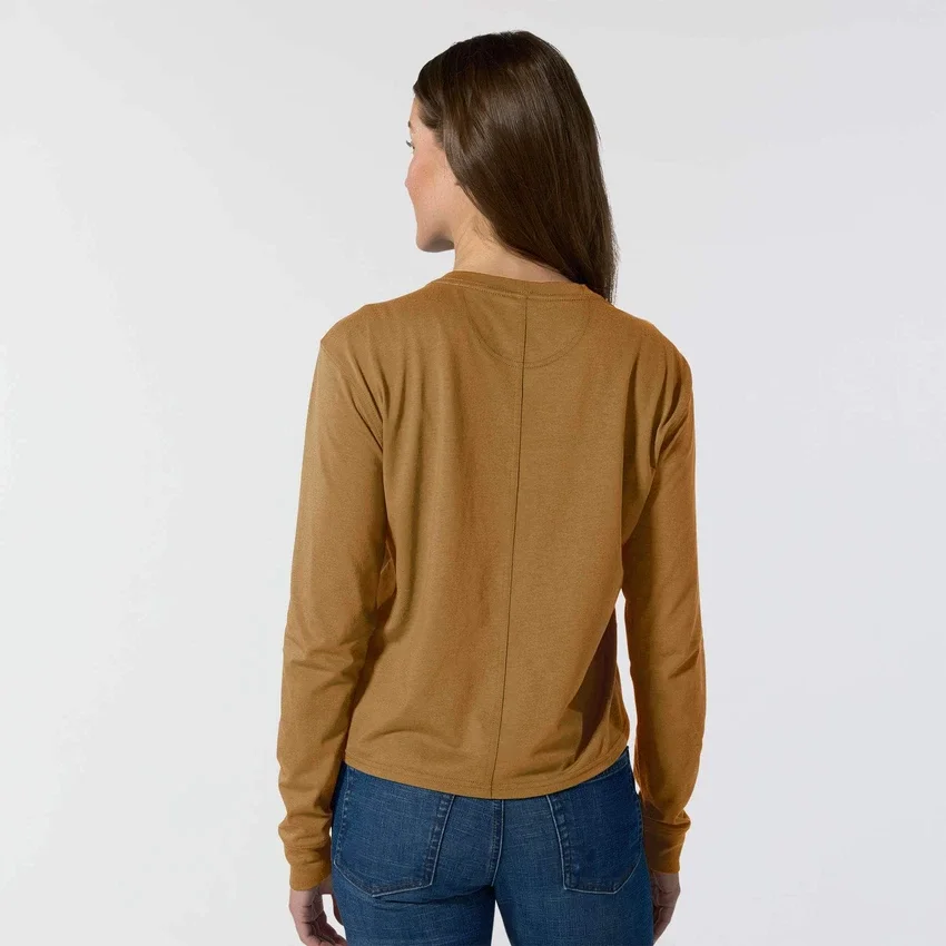 Camiseta de mujer de Tencel, corte holgado, manguitos largos, cuello redondo y bolsillo
