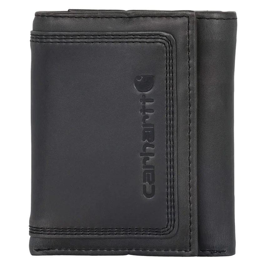 Cartera de cuero de tres pliegues con triple costura