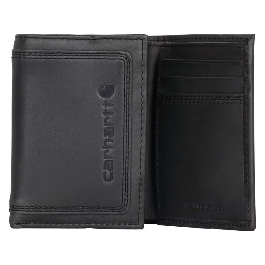 Cartera de cuero de tres pliegues con triple costura