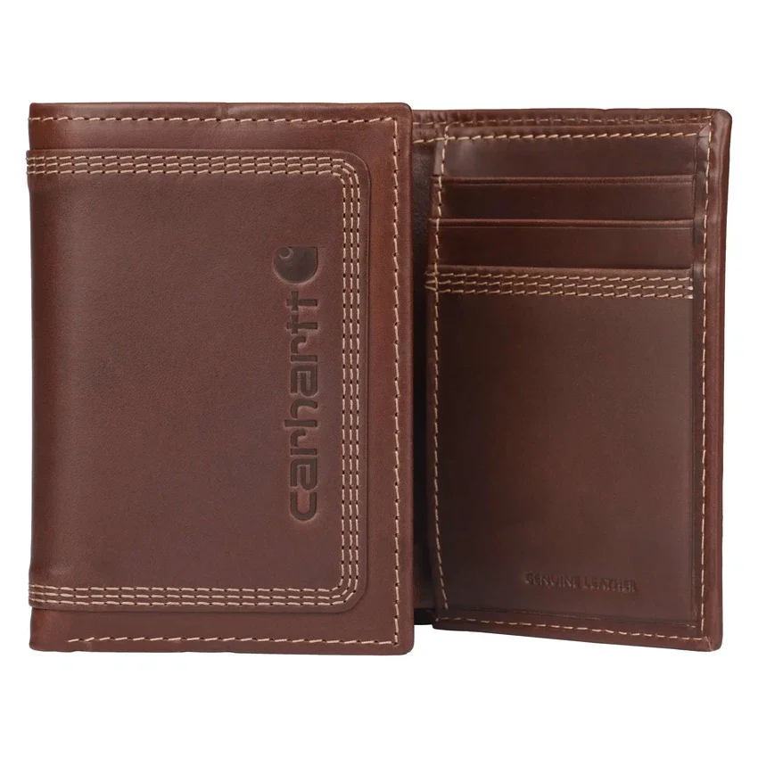 Cartera de cuero de tres pliegues con triple costura