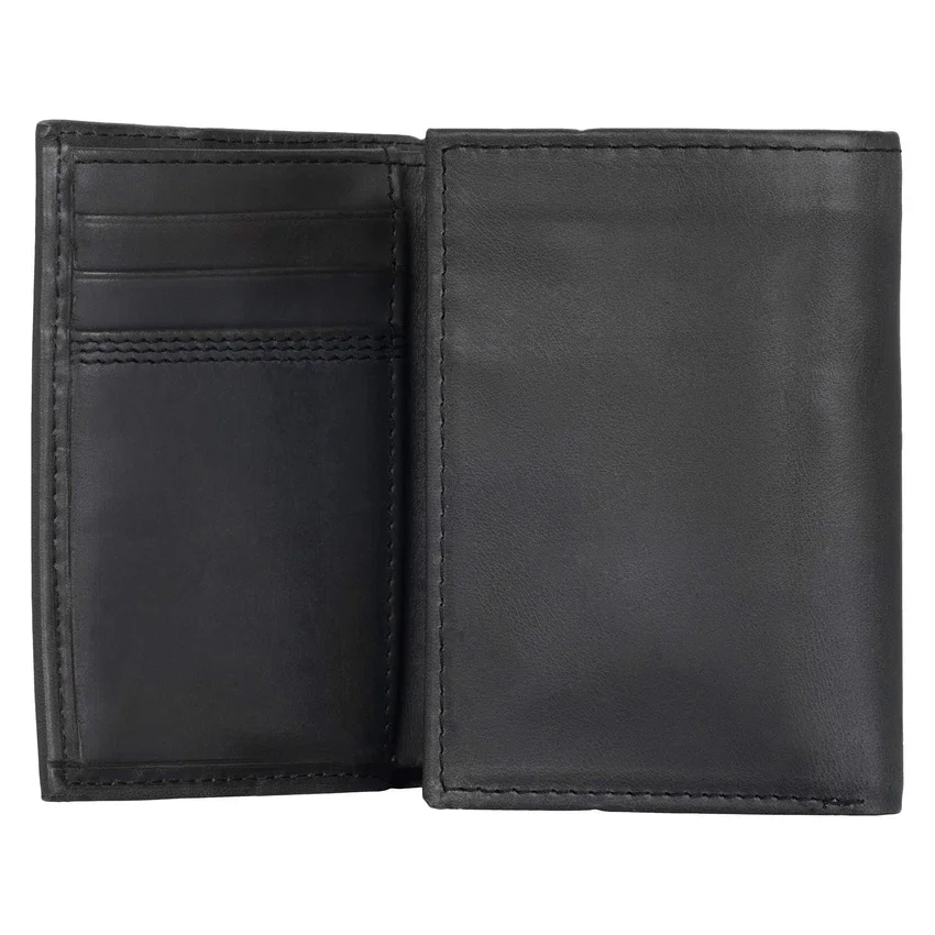 Cartera de cuero de tres pliegues con triple costura