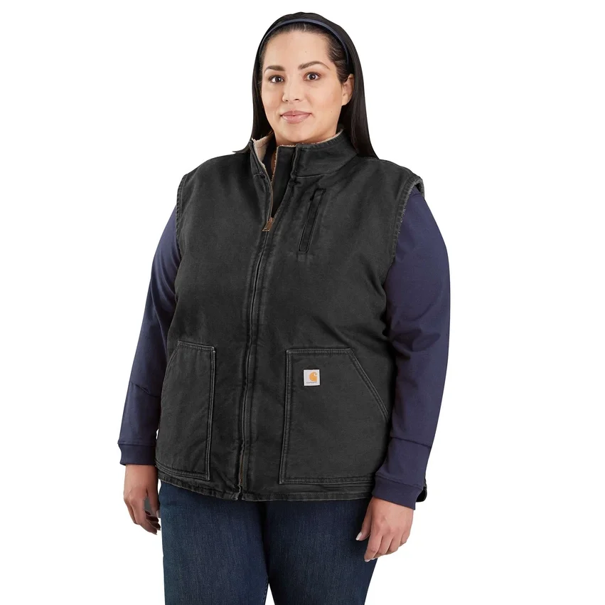 Chaleco de cuello alto para mujer, de lona de algodón lavada con forro de sherpa