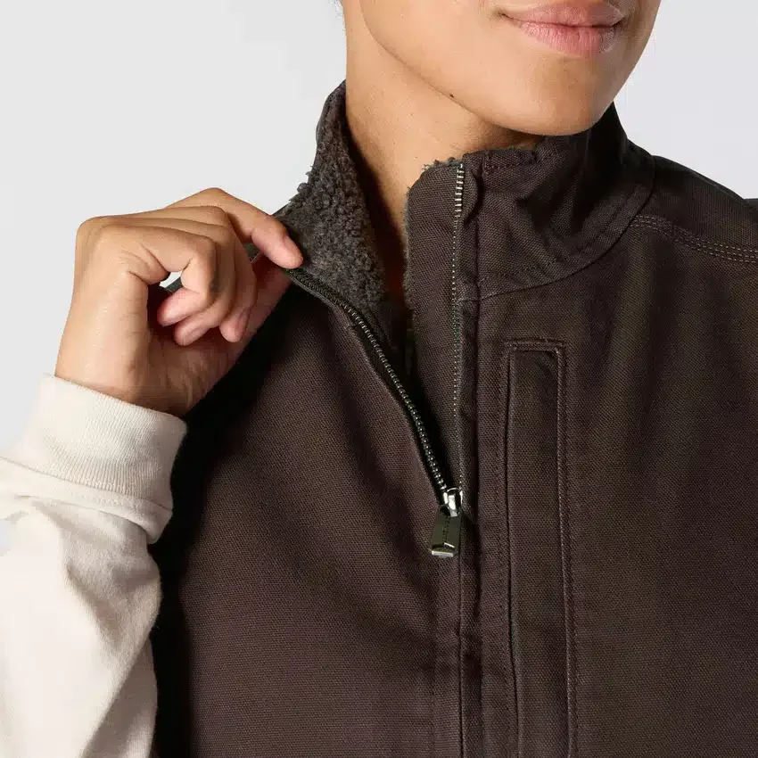 Chaleco de cuello alto para mujer, de lona de algodón lavada con forro de sherpa