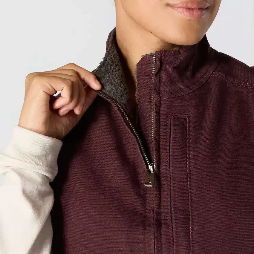 Chaleco de cuello alto para mujer, de lona de algodón lavada con forro de sherpa