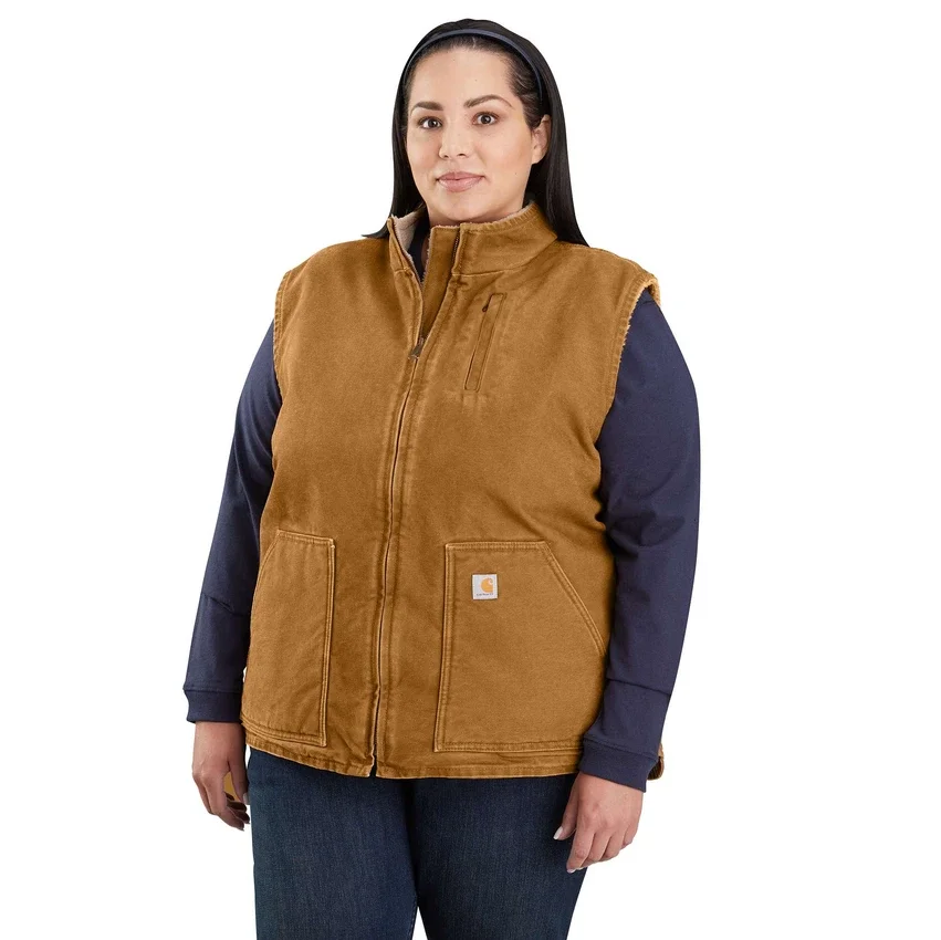 Chaleco de cuello alto para mujer, de lona de algodón lavada con forro de sherpa