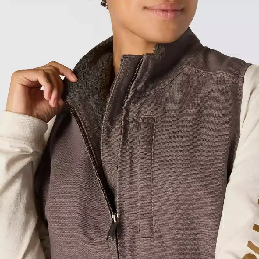 Chaleco de cuello alto para mujer, de lona de algodón lavada con forro de sherpa