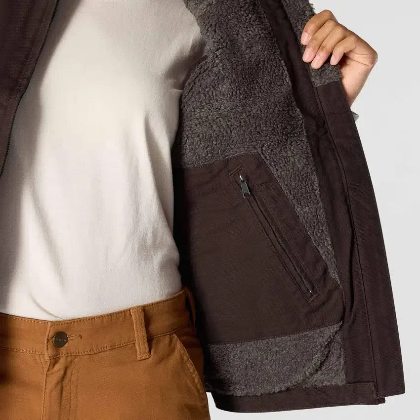Chaleco de cuello alto para mujer, de lona de algodón lavada con forro de sherpa