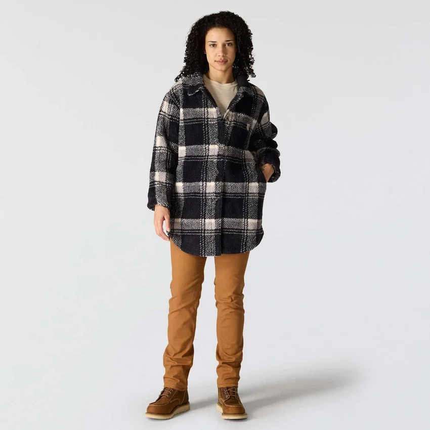 Chaqueta de forro polar a cuadros de corte holgado para mujer